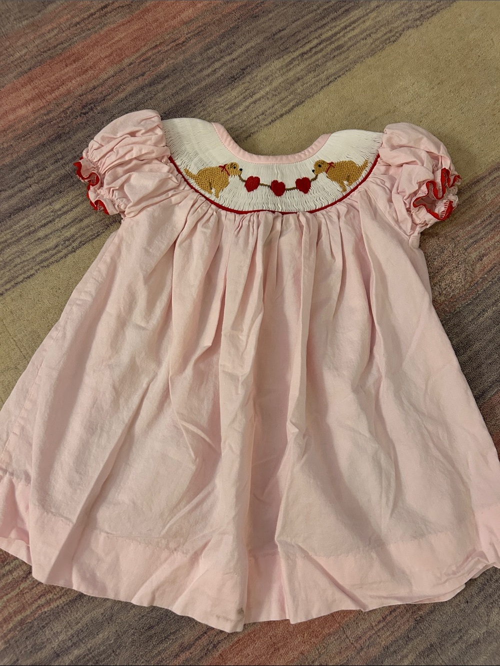Pink Smocked Puppy Heart Puff-Sleeve Kids Dress